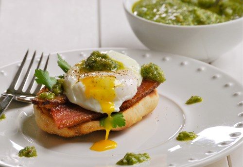 Eggs Benedict with ramp pesto