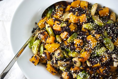 Ginger Sesame Butternut Squash, Brussel Sprouts, and Black Rice | Relishing It