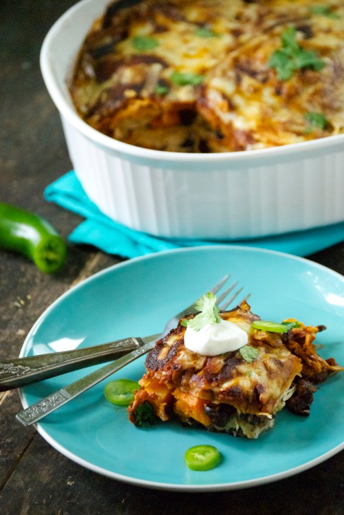 Enchilada Bake with Butternut Squash, Black Beans, and Shredded Chicken | Relishing It