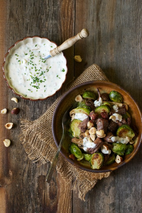Roasted Brussel Sprouts, Mushrooms, and Beef with Horseradish Cream Sauce | Relishing It