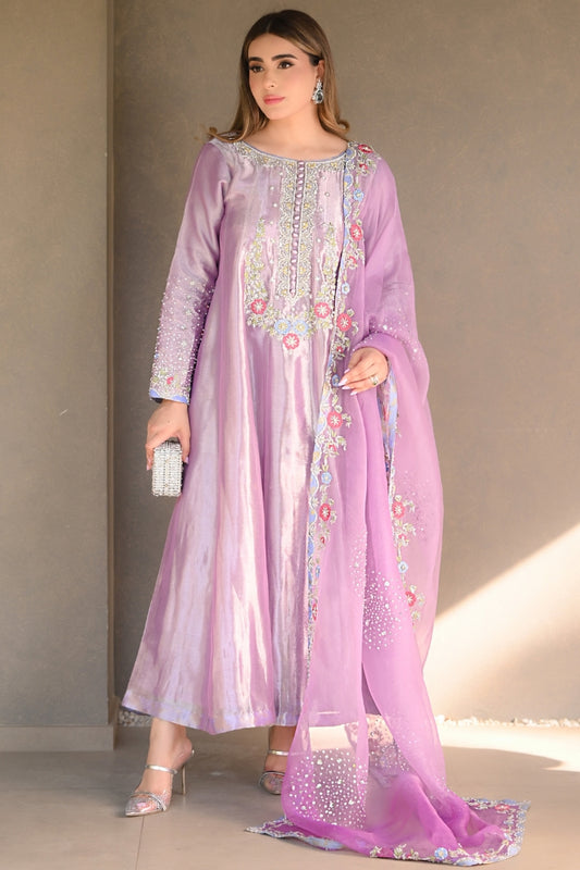 Lavender Glow Glee Kalidar Dress – Lilac Organza Silk Festive Outfit