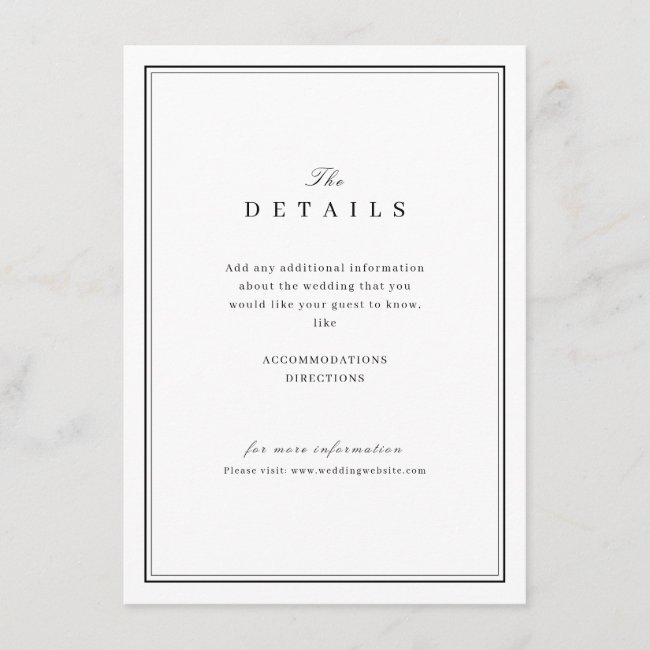 Elegant black and white minimalist wedding details enclosure card