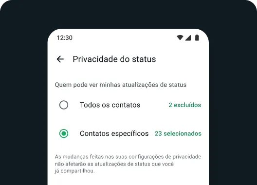 captura de tela das configurações de privacidade de status no app WhatsApp