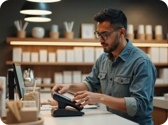 proprietário de empresa usando o WhatsApp para se conectar com clientes em ambiente empresarial