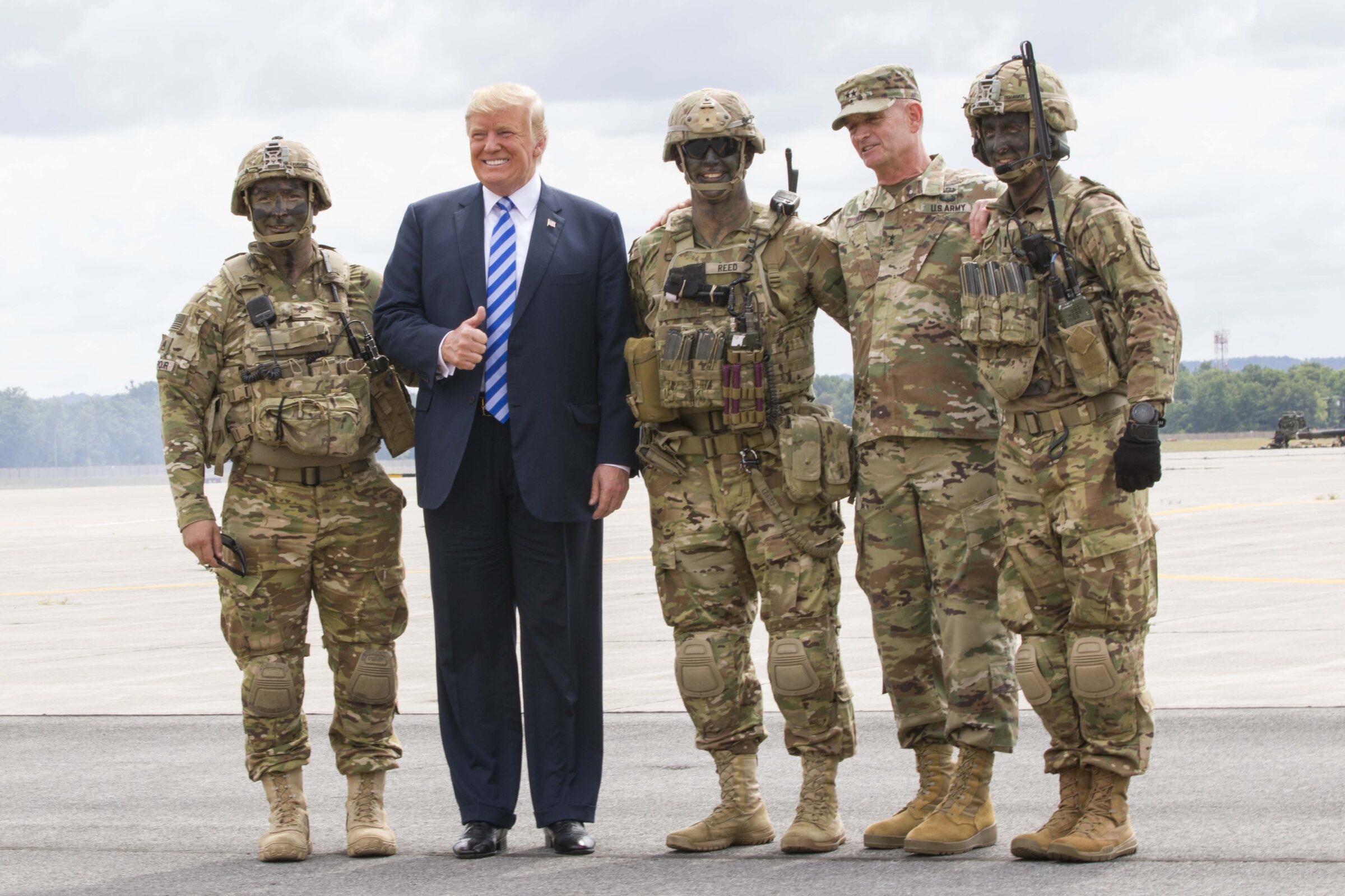 President Donald Trump meets the 10th Mountain Division at Fort Drum, New York, on 13 August 2018