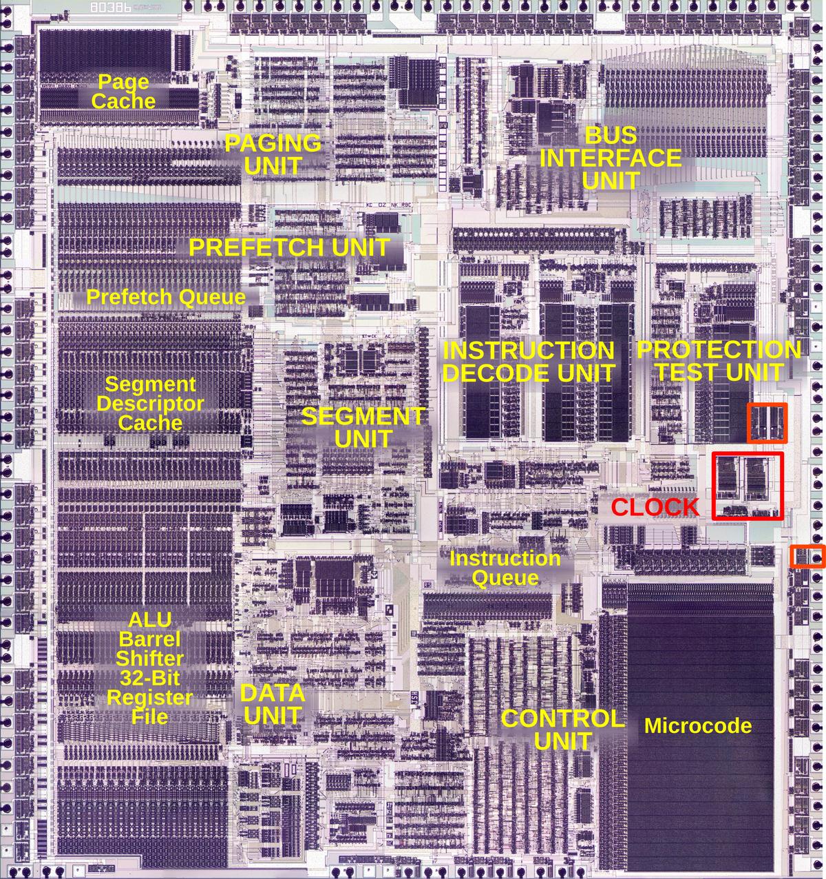 The 386 with the main functional blocks labeled. Click this image (or any other) for a larger version. The 386 with the main functional blocks labeled. Click this image (or any other) for a larger version.