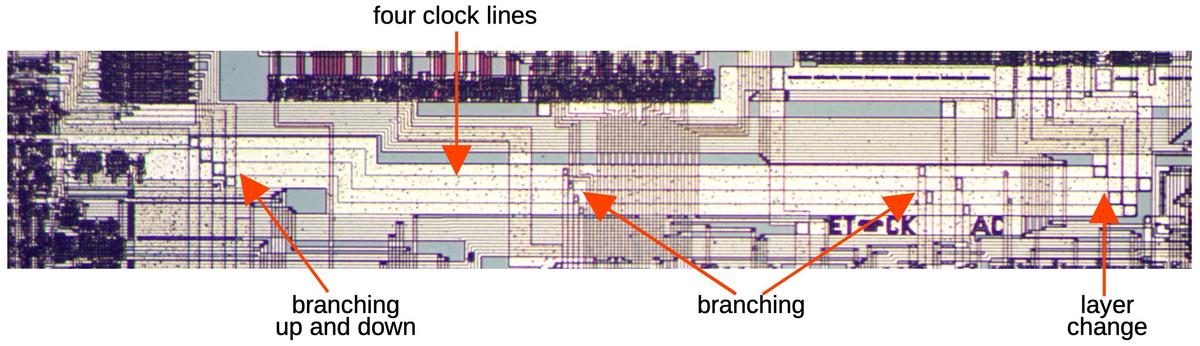 Part of the wiring for clock distribution. This image spans about 1/5 of the chip's width. Part of the wiring for clock distribution. This image spans about 1/5 of the chip's width.