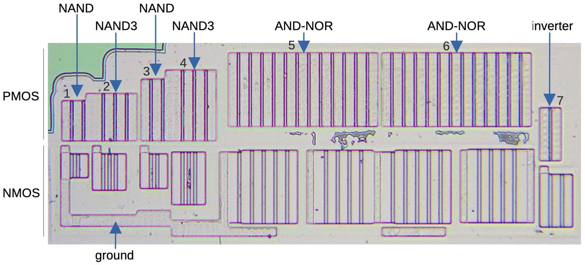 The silicon for the divide-by-two circuit as it appears on the die. The silicon for the divide-by-two circuit as it appears on the die.