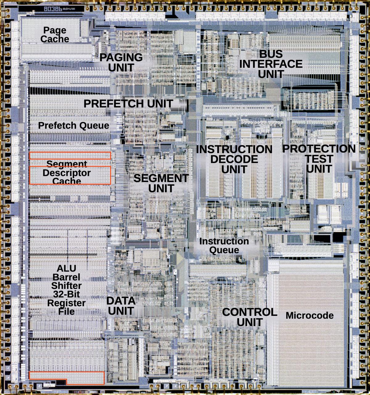 The 386 with the main functional blocks labeled. Click this image (or any other) for a larger version. I created this image using a die photo from Antoine Bercovici. The 386 with the main functional blocks labeled. Click this image (or any other) for a larger version. I created this image using a die photo from Antoine Bercovici.