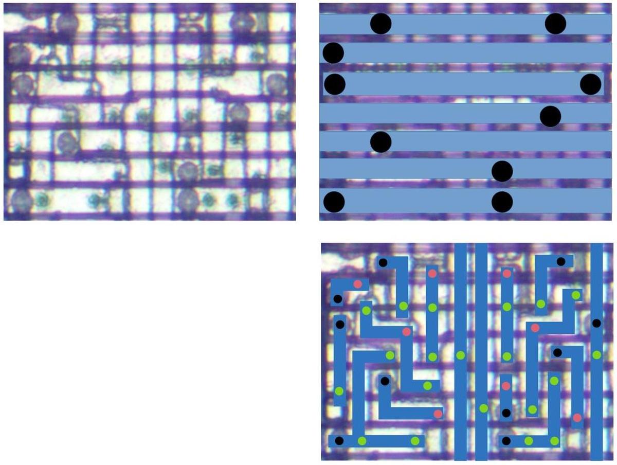 One cell as it appears on the die, with a diagram of the upper (M2) and lower (M1) metal layers. One cell as it appears on the die, with a diagram of the upper (M2) and lower (M1) metal layers.