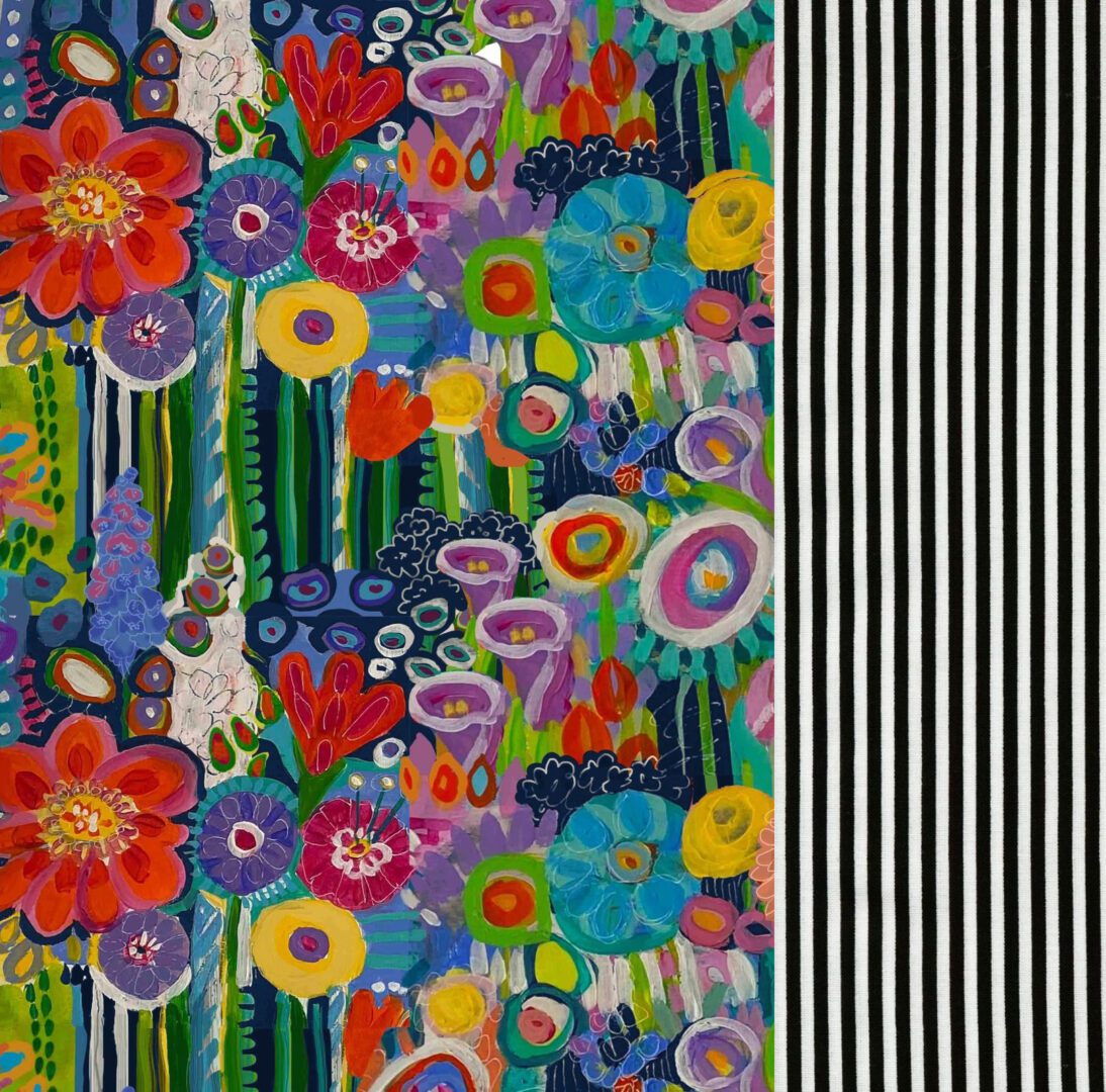 A colorful floral and striped background with a black stripe.