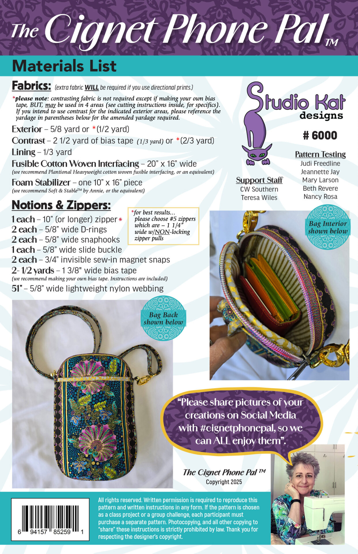 Colorful zipper and notions pouch with detailed descriptions and prices.