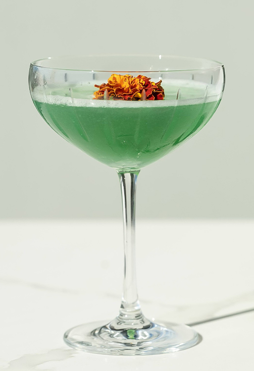 a glass with a green liquid and a flower in it