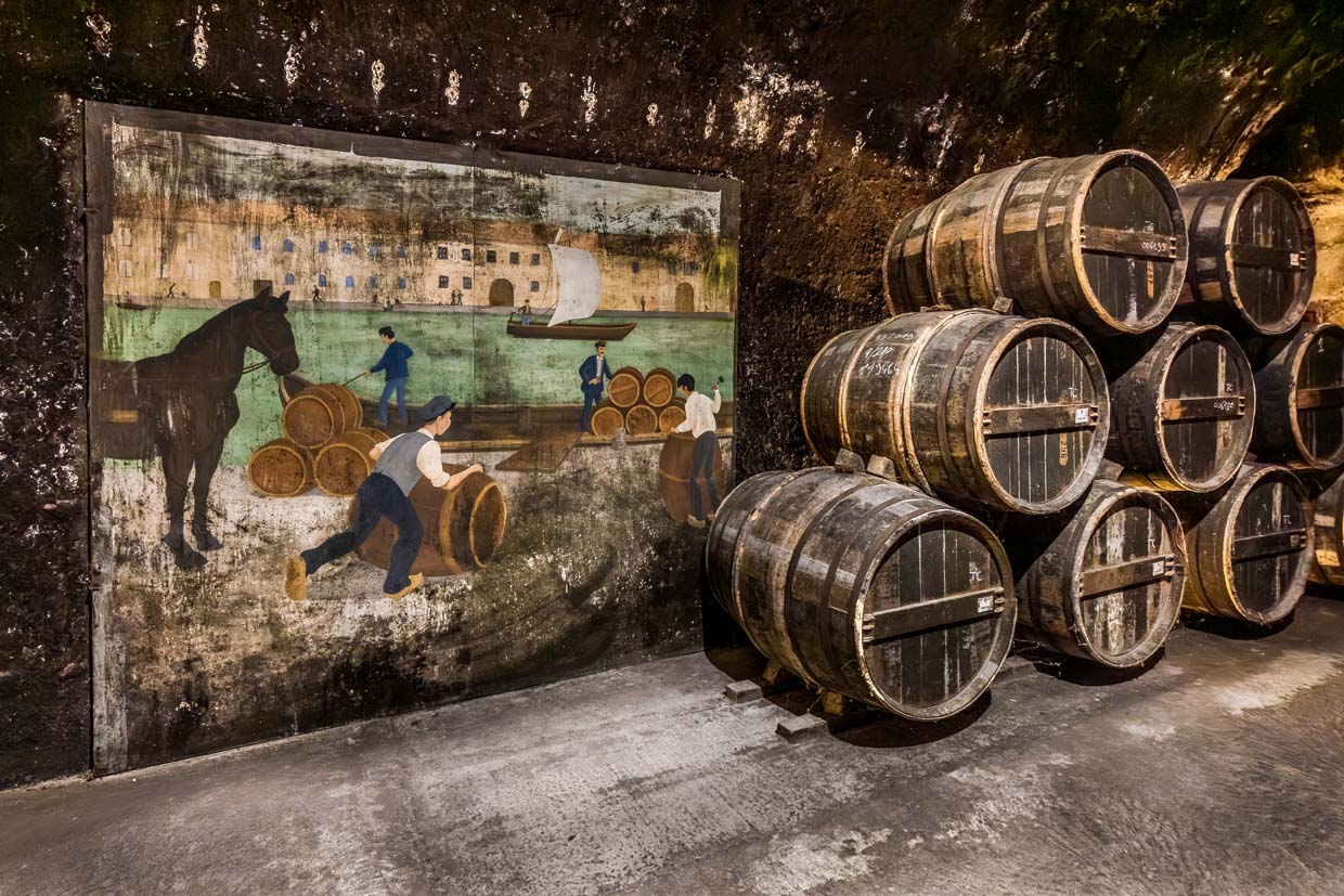 Alte Cognac-Fässer in der Lagerräumen von Schloss Cognac. Daneben eine Gemälde, auf dem der Handel mit Cognac und Transport über den Fluss Charente dargestellt wird / © Foto: Georg Berg