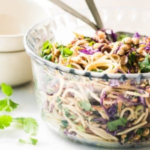 Spicy Thai Spaghetti Salad in glass bowl