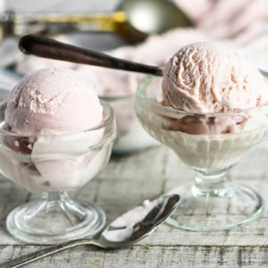 Homemade rhubarb ice cream in small glass dishes
