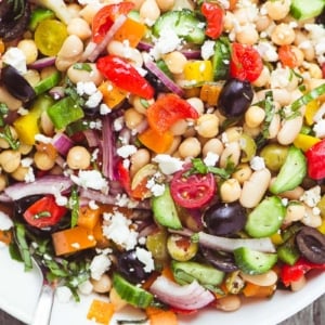 Mediterranean Bean Salad in a white bowl.