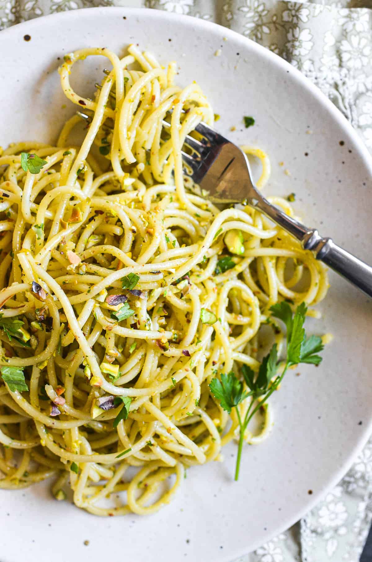 Pistachio pesto on pasta.