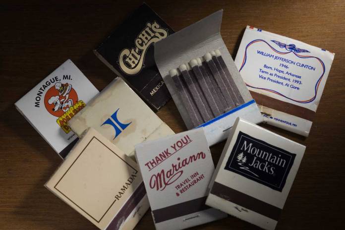 Photograph of a collection of matchbooks. Photograph of a collection of matchbooks.