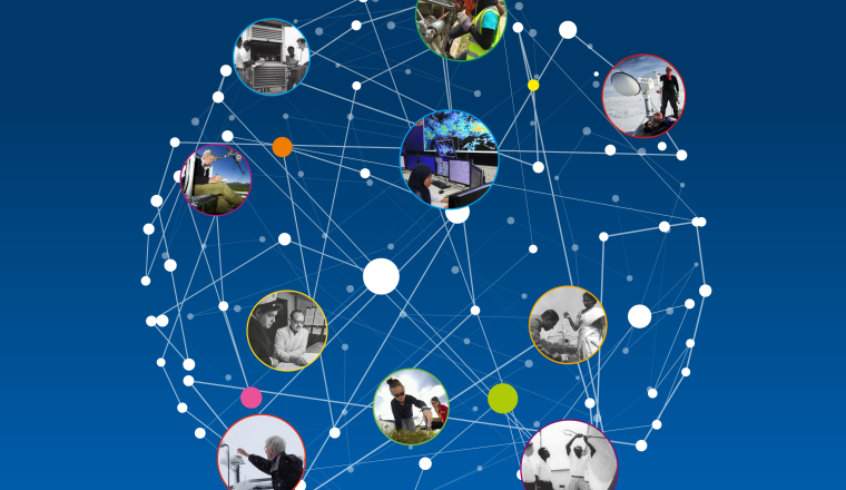 A network of connected nodes and circles showing various people engaged in different activities on a blue background.