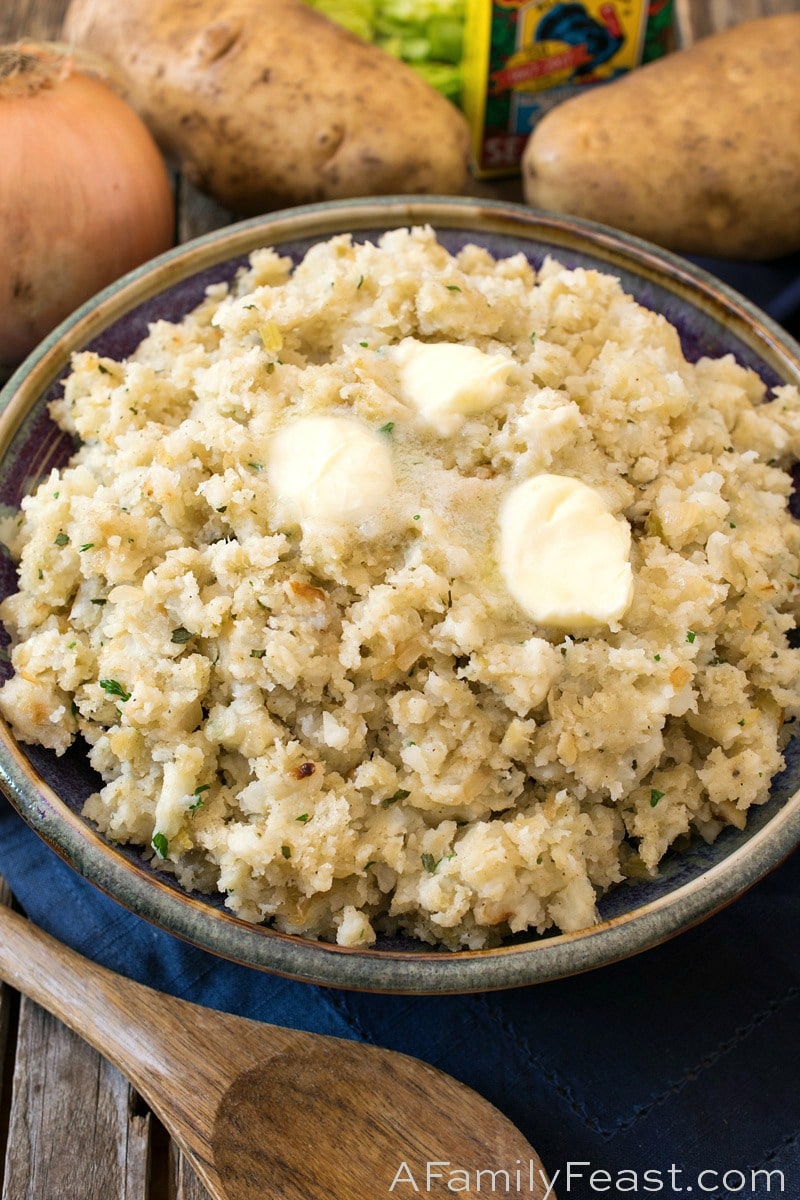 Part stuffing, part mashed potatoes – this Maine Potato Stuffing is a must-make side dish for the holidays! Maine Potato Stuffing