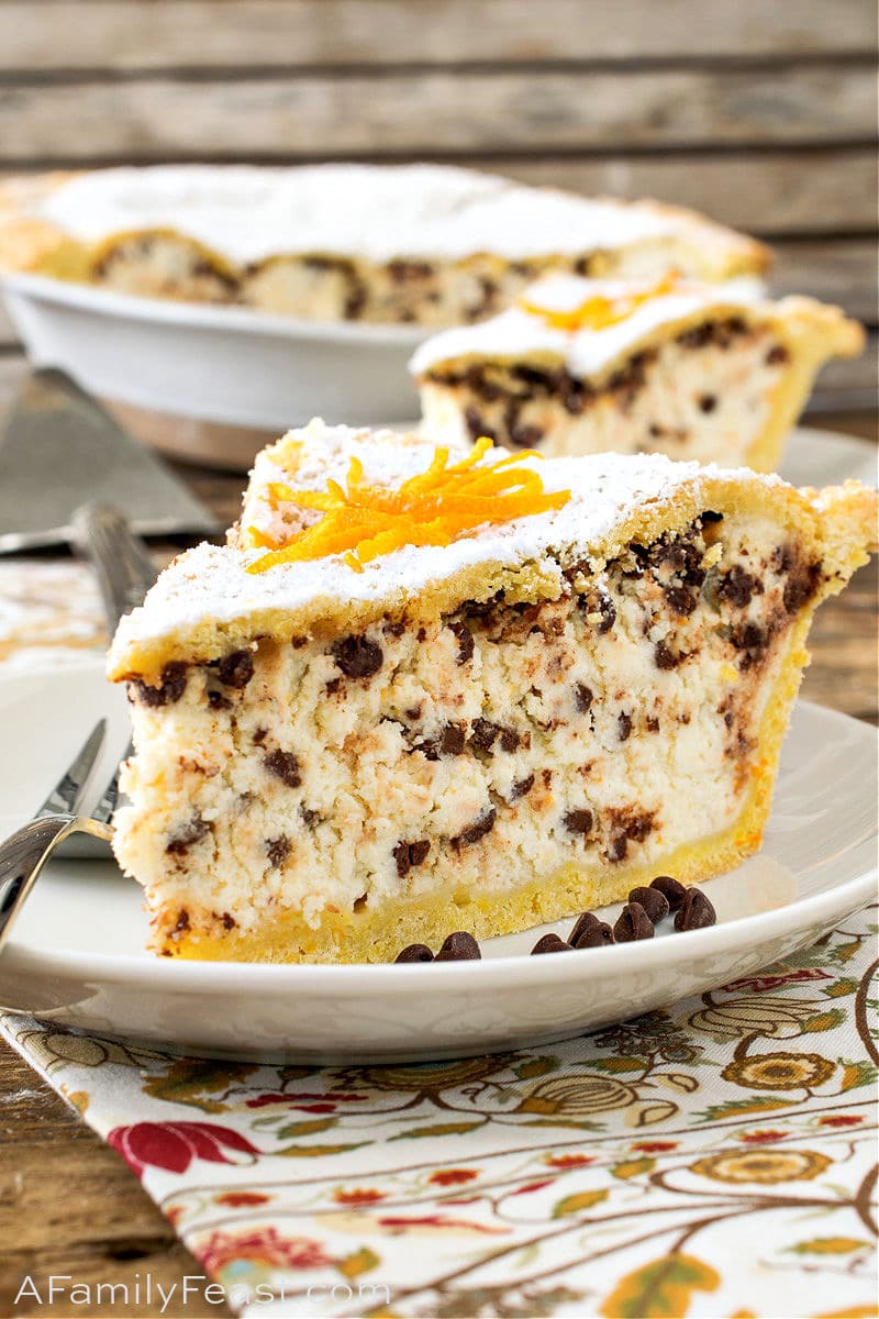 Chocolate Chip Ricotta Pie has a sweet, orange-infused ricotta cheese filling that is dotted with mini chocolate chips throughout, and a sweet top and bottom crust. Chocolate Chip Ricotta Pie