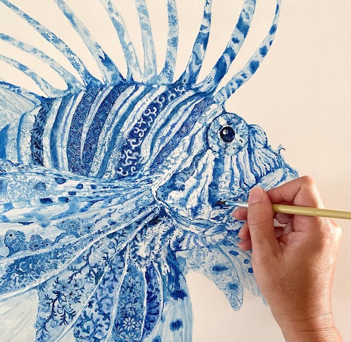 Chinoiserie Blue and White Lionfish Painting by Artist Chris Chun
