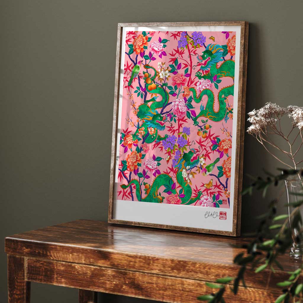 'The Garden of Good Fortune' Pink Chinese Dragon Print.