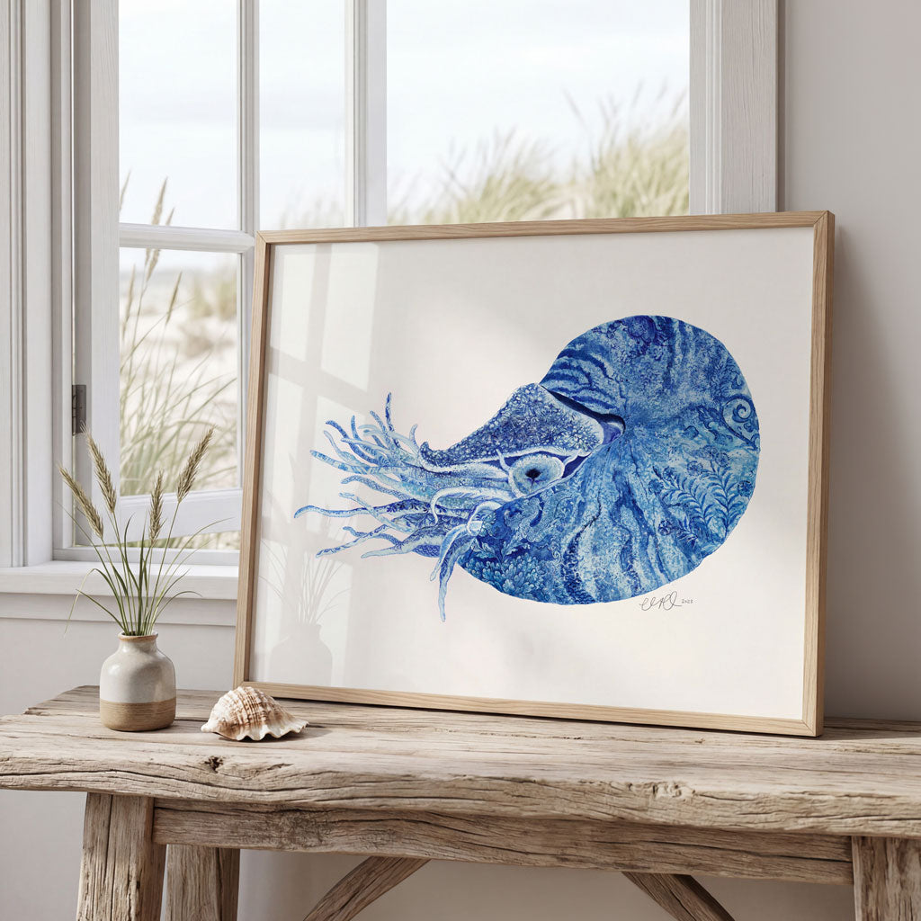 Framed artwork of a blue nautilus on a wooden table with a window in the background