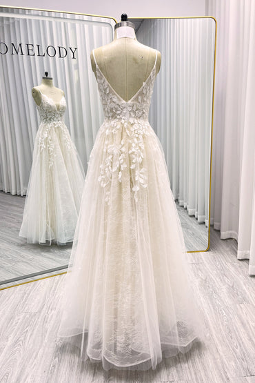 A-Line Sweep-Brush Train Lace Tulle Wedding Dress CW3119