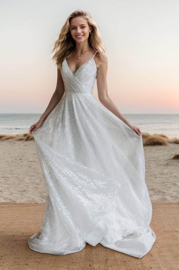 A-Line Sweep-Brush Train Sparkle Tulle Wedding Dress CW3517 - COCOMELODY