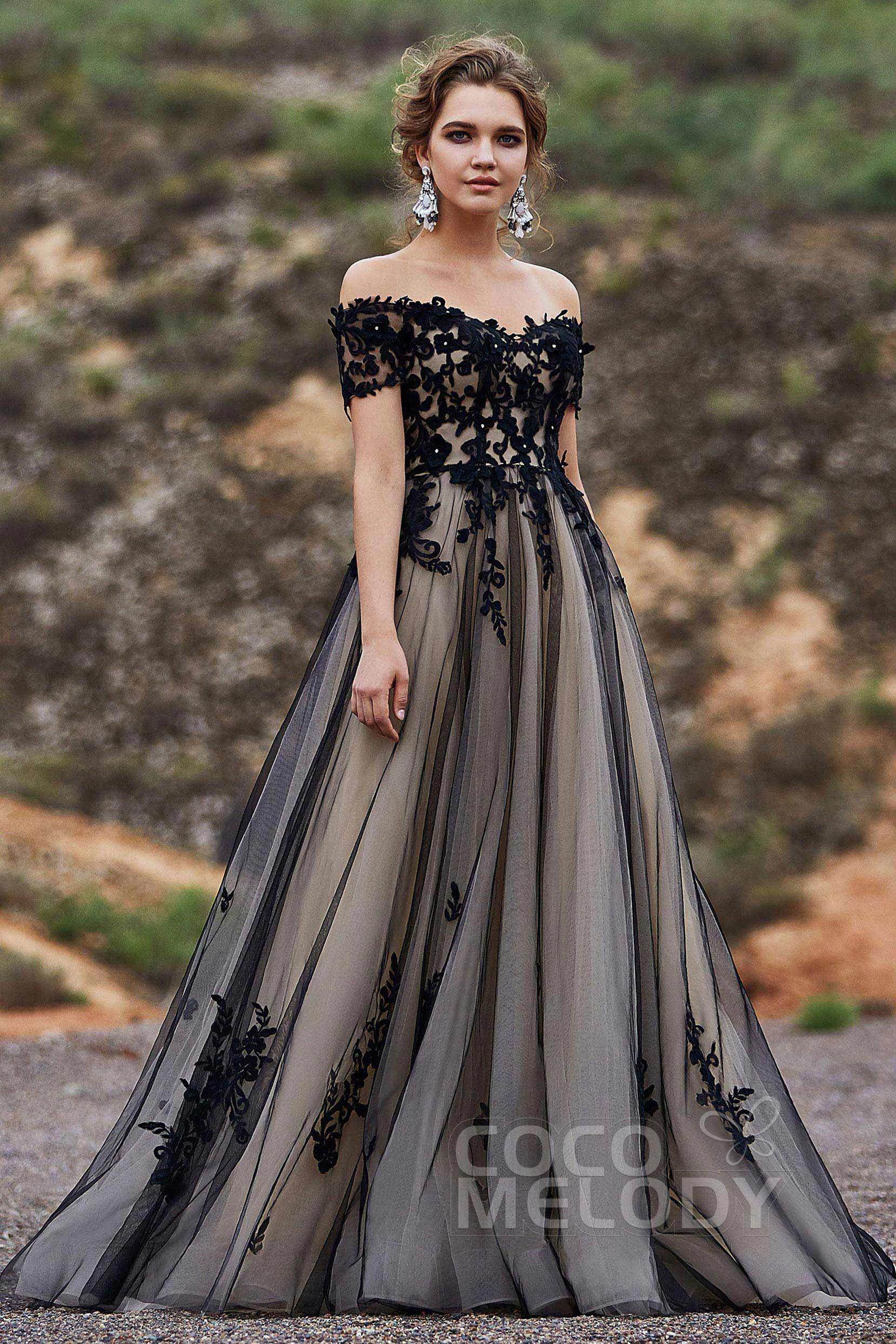 A-Line Sweep-Brush Train Tulle Gothic Wedding Dress LD5830 - COCOMELODY