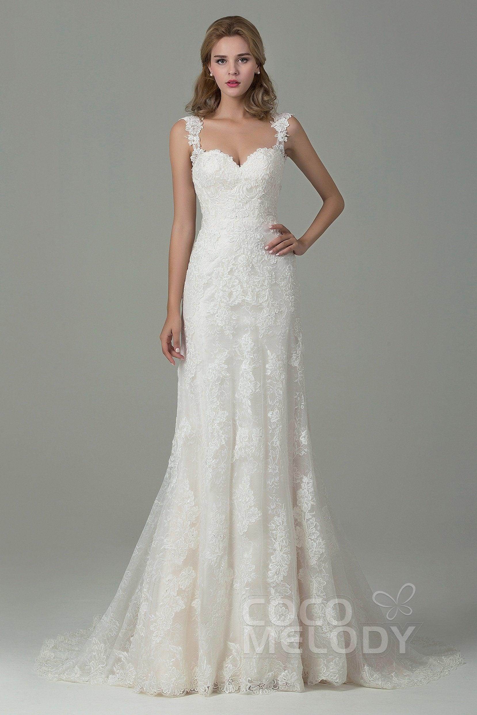 Sheath-Column Court Train Lace Wedding Dress CWVT15002 - COCOMELODY