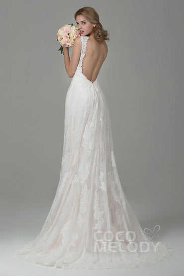 Sheath-Column Court Train Lace Wedding Dress CWVT15002 - COCOMELODY