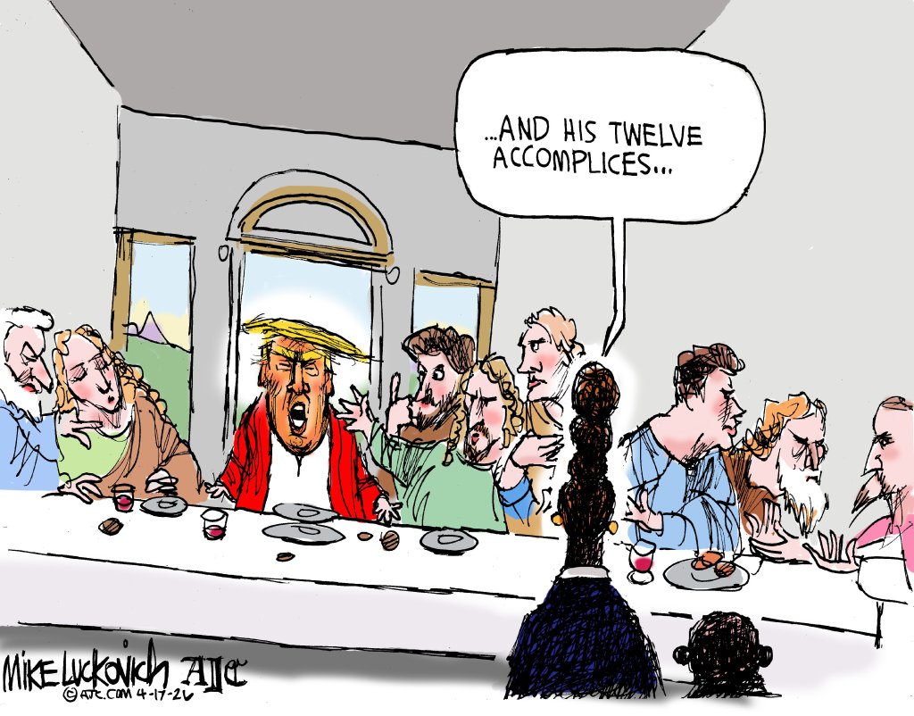 A cartoon by Mike Luckovich depicting President Donald Trump as Jesus Christ in "The Last Supper."
