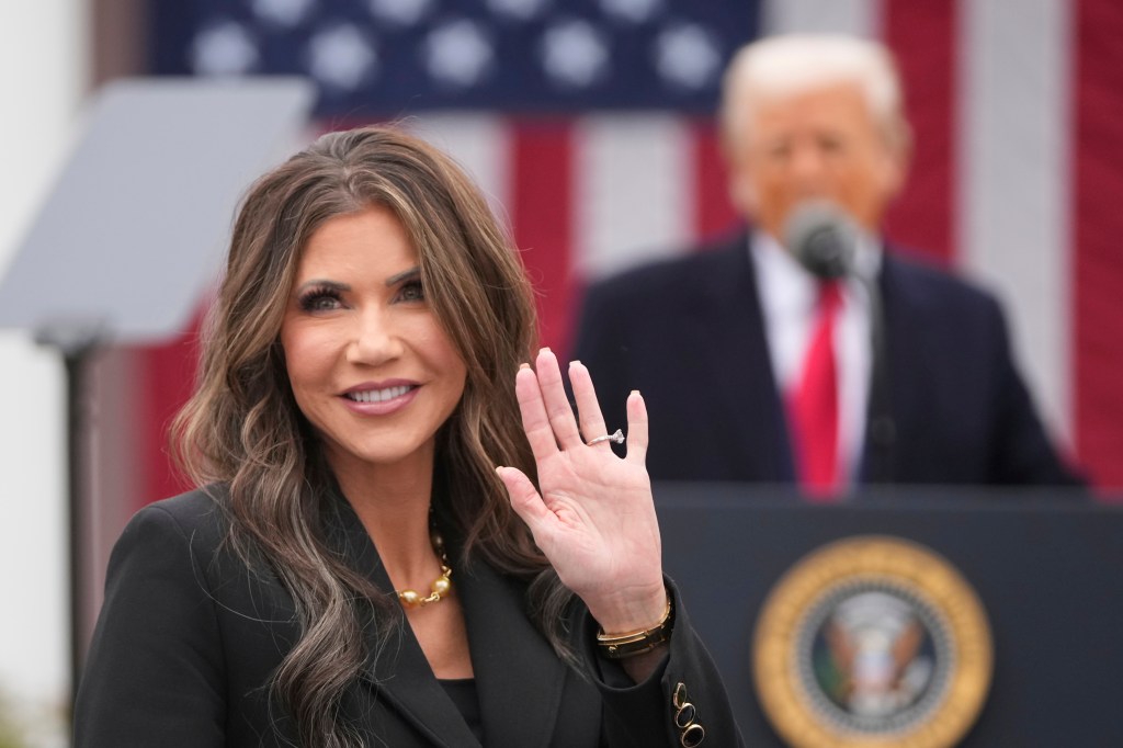 Homeland Security Secretary Kristi Noem is recognized as President Donald Trump speaks during an event to announce new tariffs in the Rose Garden at the White House, Wednesday, April 2, 2025, in Washington.