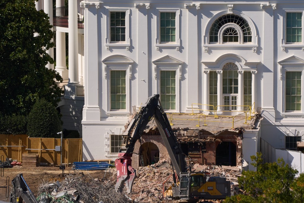 Work continues on a largely demolished part of the East Wing of the White House, Thursday, Oct. 23, 2025, in Washington, before construction of a new ballroom.