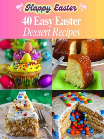 Collage of colorful Easter desserts with a 'Happy Easter' greeting and text '40 Easy Easter Dessert Recipes' on a pink and yellow gradient background. Desserts include festive cupcakes topped with candy eggs and sprinkles, a glazed bundt cake, a slice of nut-covered cake, and a layered cake filled with colorful M&M candies.
