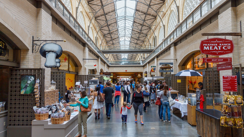 People shopping at the Ferry Building Marketplace.