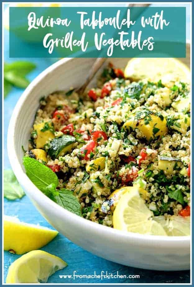 Pinterest graphic for Quinoa Tabbouleh with Grilled Vegetables showing it in a white serving bowl garnished with fresh lemons.