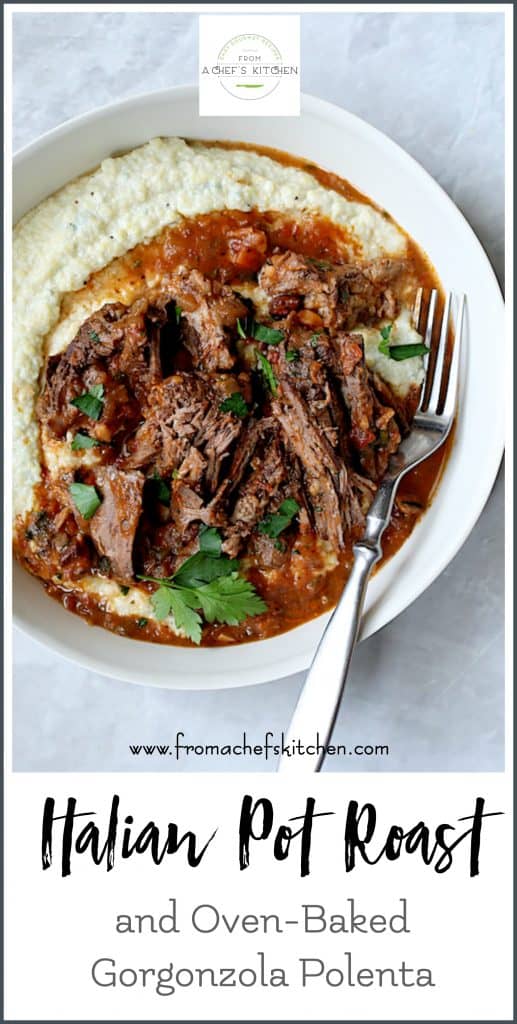 Italian Pot Roast over Gorgonzola polenta in white serving bowl with fork.