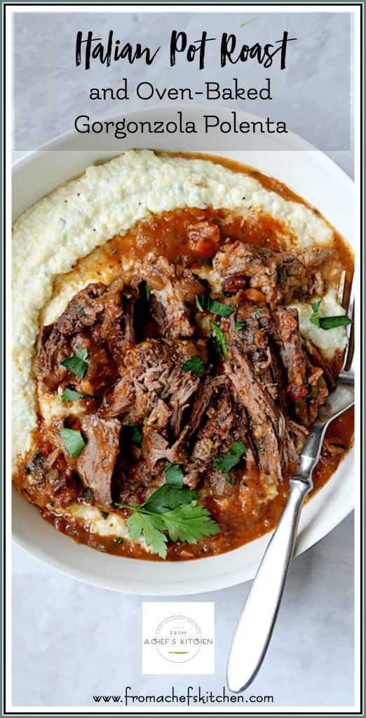 Pinterest graphic for Italian Pot Roast showing one serving on polenta in white bowl with fork.