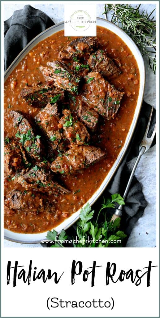 Pinterest graphic for Italian Pot Roast showing it on gray-rimmed platter garnished with fresh parsley.