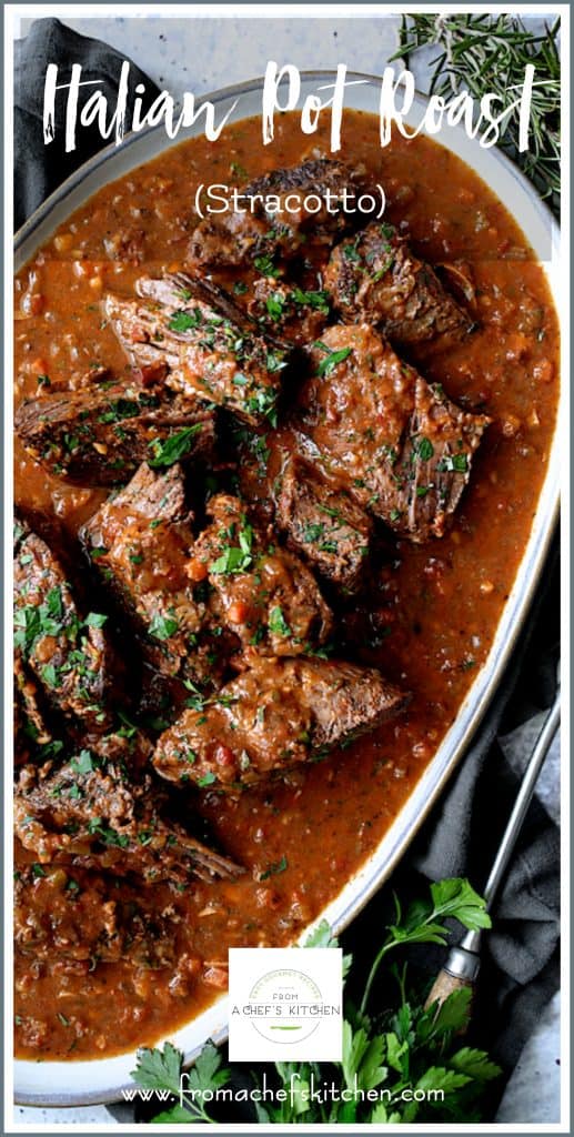 Pinterest graphic for Italian Pot Roast showing it on gray-rimmed platter garnished with fresh parsley.