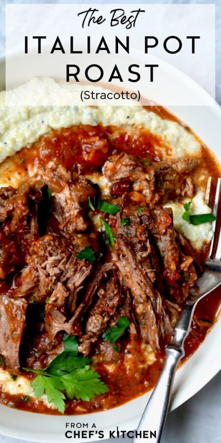 Pinterest graphic for Italian Pot Roast showing one serving in a white serving bowl.