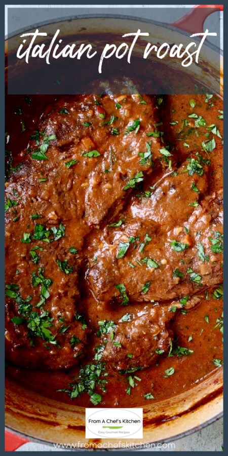Italian pot roast in red Dutch oven.