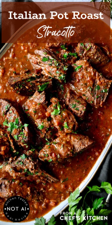 Pinterest graphic for Italian Pot Roast showing it on a gray-rimmed platter.