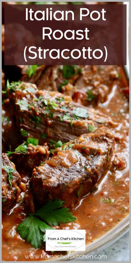Italian Pot Roast on gray-rimmed platter garnished with fresh parsley.