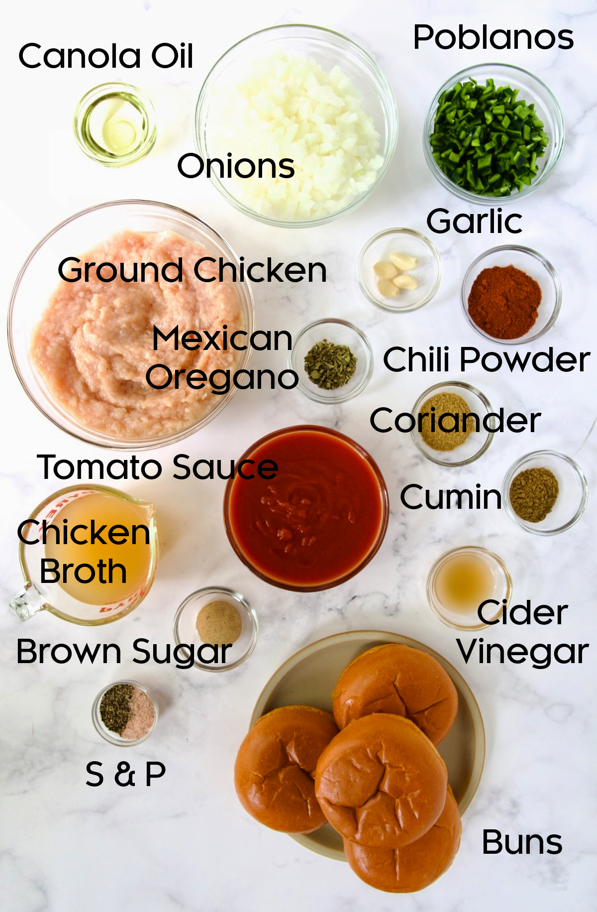 Ingredients for Chicken Sloppy Joes in glass bowls.