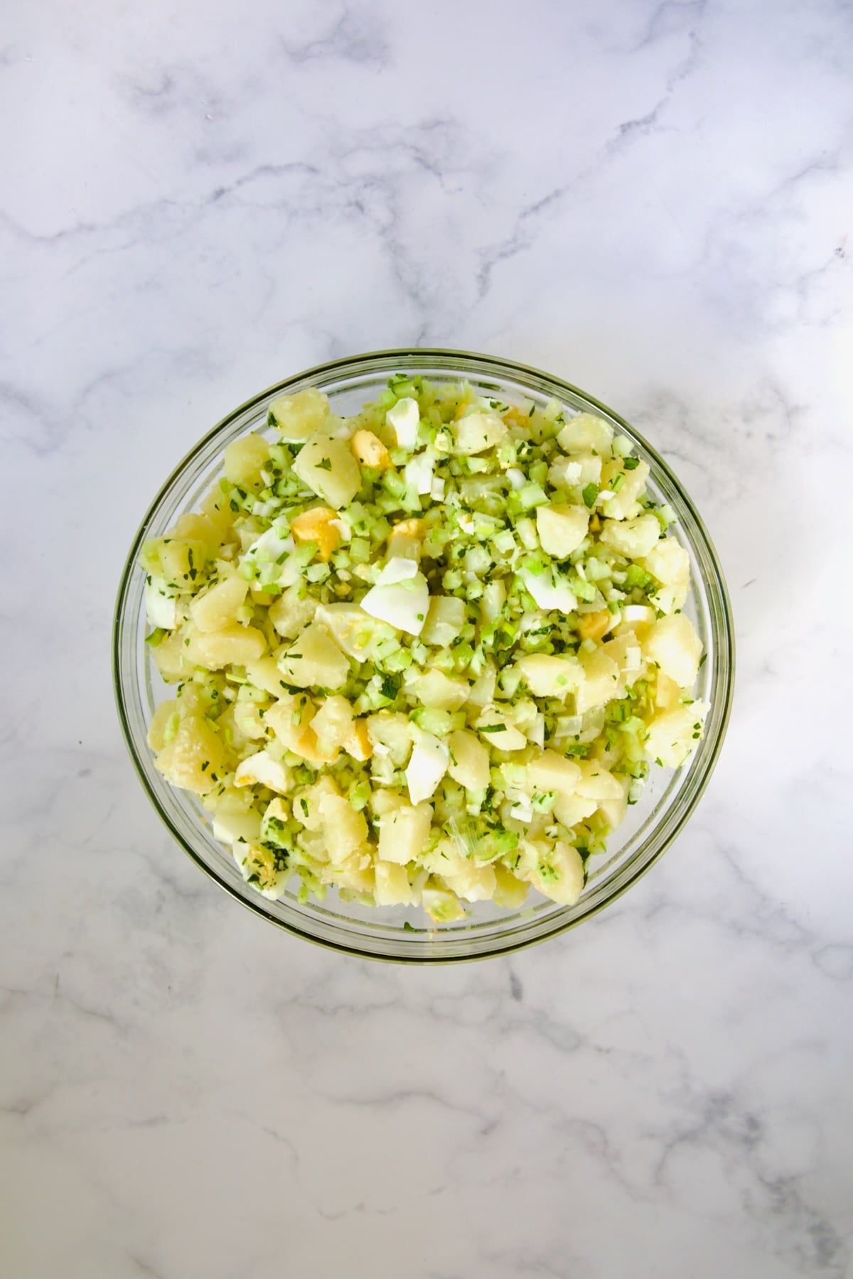 Hard-cooked eggs, celery, onions, cucumbers and parsley mixed together in glass bowl.